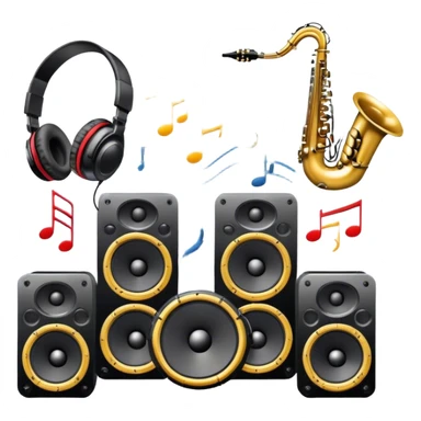 Icon for R&B Music Listening: large concert speakers and headphones with waves of musical notes coming out, along with drums, bass guitar and saxophone. The icon should convey the energetic and rhythmic vibe of R&B music. Transparent background sticker