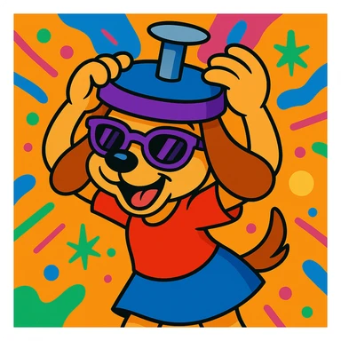 Add a vibrant, colorful background behind the playful puppy girl character holding a nail-themed hat above her head, wearing sunglasses that are half purple. Keep the fun, expressive cartoon style. sticker