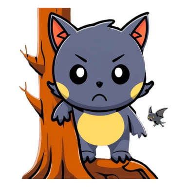 tree trunk with a face and a bat sticker