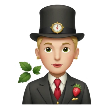 Pretentious cartoon strawberry in a tailored charcoal three‑piece suit, leaf‑cap styled like a pompadour, gold‑stud seeds, sugar‑glass monocle, licorice cane, smug expression; clean vector style, flat shading, cream background, rich crimson/forest‑green palette, 3/4 view, elegant lighting.
 sticker