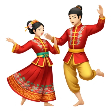 Cinematic Realistic scene of two performers executing a traditional Vietnamese folk dance, adorned in intricately patterned traditional costumes, captured in fluid motion with soft, culturally rich lighting sticker