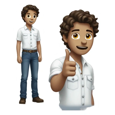 white boy pointing to the sky, dark brown wavy hair, wearing blue jeans overals and white shirt, half body, view from behind sticker