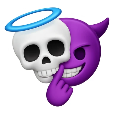 Recreate an emoji featuring a white skull with a blue halo and a purple devil skull, both sharing a mischievous hand gesture. Match the original style as closely as possible. The background should be transparent. sticker