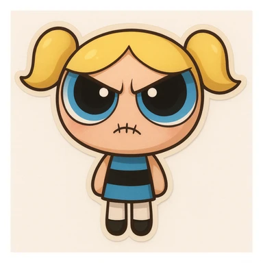 Add a stitched mouth and angry, furrowed brows to the character, maintaining the original cartoon style and quality. sticker