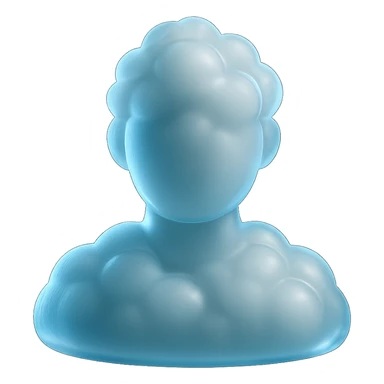 a bust of a person made up of only white, fluffy, protruding clouds, facing forward, in matte glass style sticker
