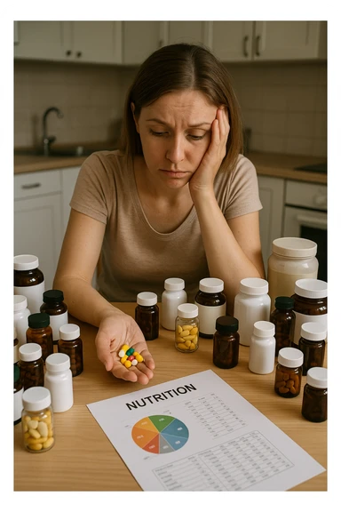 a woman in her 30s sits at her kitchen table, surrounded by dozens of supplement bottles, powders, and pills. She looks anxious and fatigued, with her head resting in one hand while the other holds a handful of colorful capsules. On the table, a nutrition chart is ignored, and her skin appears slightly dull or stressed. The mood is cautionary and educational. sticker