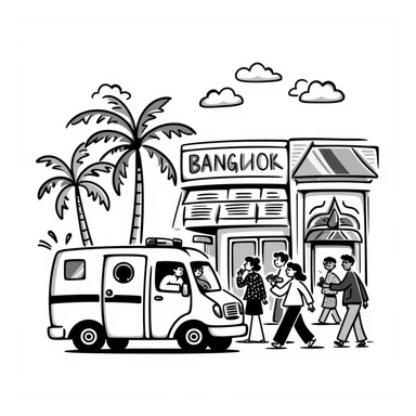 Busy Bangkok hospital exterior with ambulance and Thai architectural details sticker