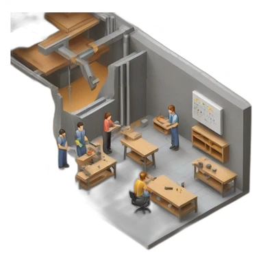 isometric teacher with student woodshop metalshop people teaching tools simple brutalist industrial makerspace concrete close up  sticker