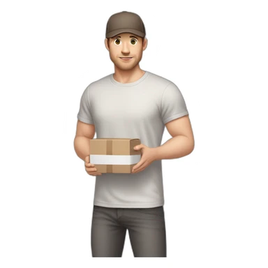 Pale skinned fit Man with dark brown hair in a light gray cap, dark brown jeans, brown polo and white T-shirt keeping a pasted with tape white box into his hands sticker