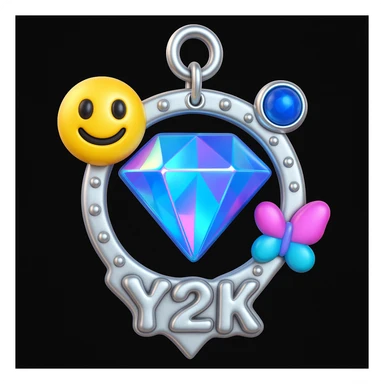 convert to a Y2K style charm: add a silver jump ring to the top for attaching to a bracelet or necklace, keep the holographic diamond, blue sapphire accent, and playful Y2K details, 3D emoji style sticker