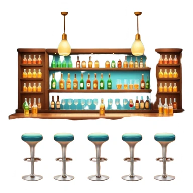 A 3D cartoon bar interior with bottles on glass shelves, counter lighting, high stools, and glowing drink glasses, warm ambient light, realistic Memoji-style. sticker