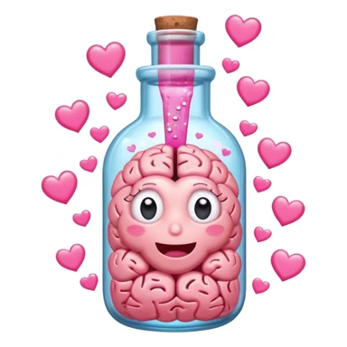 A cartoon brain inside a cute glass bottle with pink liquid, labeled “obsessed”, with hearts and sparkles swirling around. sticker