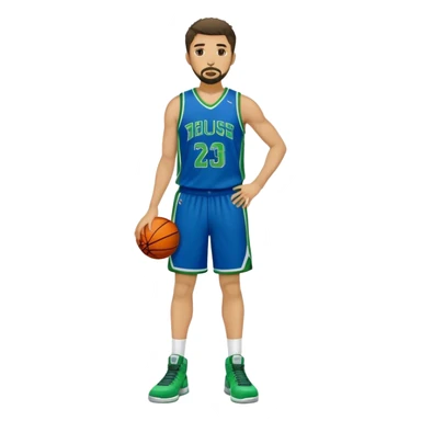 Full Body white male basketball player with short dark shaggy hair and goatee wearing blue and green uniform sticker