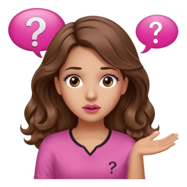 girl with long wavy brown hair, brown eyes, light to medium complexion, in a pink shirt, pink lips, long lashes, shugging, question mark one speech bubble sticker