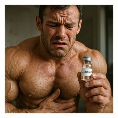 hyperrealistic muscular male bodybuilder holding a vial with a clearly visible label reading 'Nandrolone', the bodybuilder looks distressed or unwell with an expression of discomfort, realistic environment, natural lighting, detailed sticker