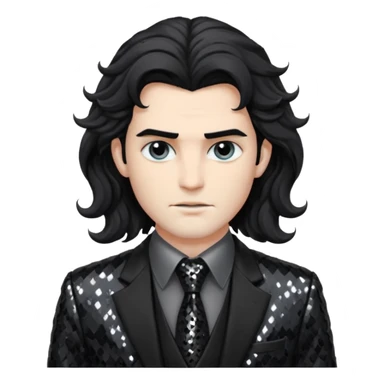 Hades from Greek Mythology with long black wavy hair, black sequin suit jacket and tie, grey shirt sticker
