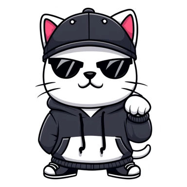 cat wearing a black snapback cap and black hoodie, with black sunglasses positioned low on his nose, winking one eye while looking directly at the viewer over the top of his sunglasses with a mischievous expression, doing graffiti with spray paint sticker