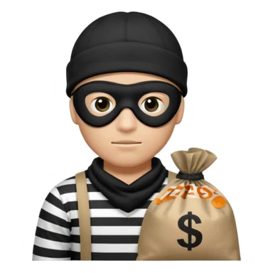 robber wears black eye mask, black beanies and black and white stibes shirt with one brown money bag beside him sticker