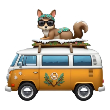 A parked VW bus painted white and black and fill with different 3d crystals and 3d crystals secured to roof surrounded by winter scenery with squirrels, birds, rabbits, wolves and a brunette hippie with a headband and sunglasses in drivers seat sticker