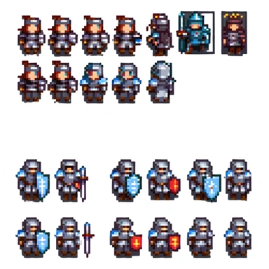 pixel art sprite sheet of a knight idle and walking animation frames 8-bit NES style sticker