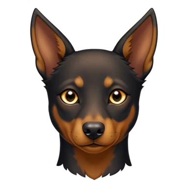 Cinematic Noble Black and Tan Kelpie Portrait Emoji, Poised and regal, with a strong, agile build and a glossy, well-groomed Fur of deep black and tan accents, piercing dark eyes, Simplified yet sharp and sophisticated features, highly detailed, glowing with a soft, dignified glow, high shine, intelligent and energetic, stylized with an air of determination, focused and attentive, soft glowing outline, capturing the essence of a watchful and confident herder, so majestic it feels as though it could bound out of the screen with effortless authority! sticker