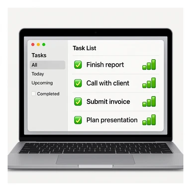 Make the bar charts on the MacBook's task management app screen green in the style of apple style emojis sticker