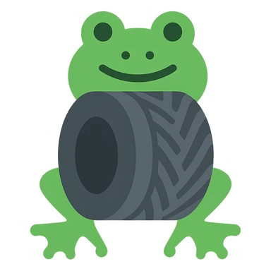 icon of a tire with legs and a frog's head, playful and bold sticker