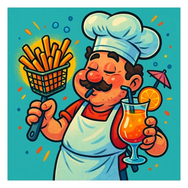 A drunk chef holding a fryer basket with hot chips in it, sipping on a mocktail, playful and expressive, clear chef hat and apron, vibrant colors, cartoon style sticker