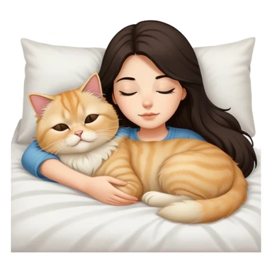 pretty girl with dark long hair sleeping with blonde persian cat in bed sticker