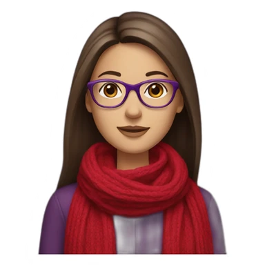 brunette young lady with long straight hair wearing a red scarf and glasses with purple background sticker