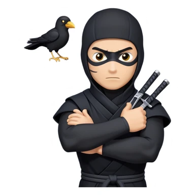 clash-of-clans-aesthetic_-cinematic-mysterious-male-ninja-portrait-emoji, rendered in a flat, vector-style with minimal shading and bold, simplified shapes, his arm is stretched out  with a head slightly turned revealing intense, focused eyes. the ninja has his arm out and perched on top of his forearm is  a black crow sticker