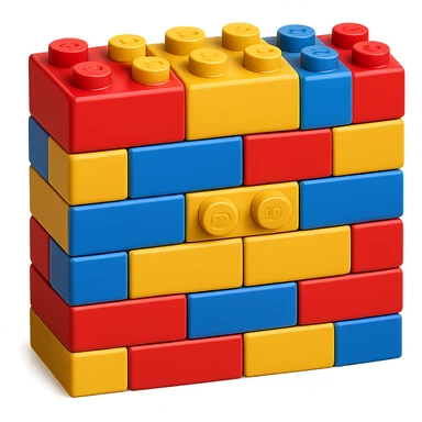 Create multiple walls made of LEGO bricks using blue, yellow, and red bricks. Each wall should show a mix of the three colors with a playful and vibrant look. The style should resemble the 3D emoji style shown in the reference image. Remove the background. sticker