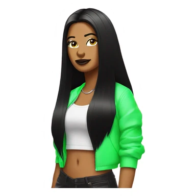 Tanned woman with long black hair dressed in Y2K hip hop hair, makeup, and neon attire sticker