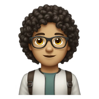 boy with dark brown curly hair, glasses and white sticker