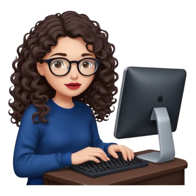 a european white young woman with very long wavy dark brown/chocolate hair with curls at the end of her long hair typing in a computer. she's using round glasses, her lips are light red and her cheeks slightly pink. Her eyes are dark brown. She's using a dark blue knit sweater  sticker