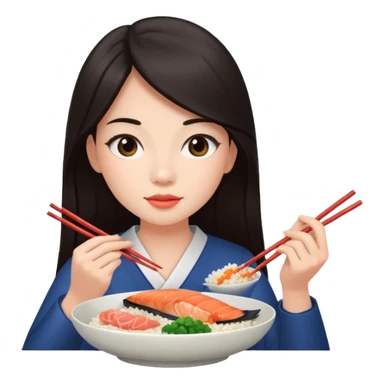 chica joven con piel clara y pelo oscuro largo comiendo un plato de arroz con salmón  sticker