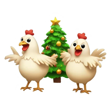 Animated chickens dancing around a Christmas tree. Text saying Merry Christmas sticker