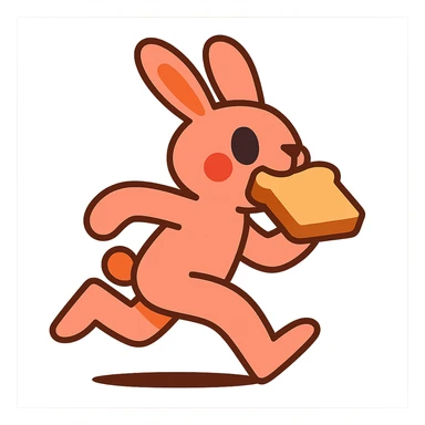peach bunny running with toast in mouth, vibrant-toon style sticker