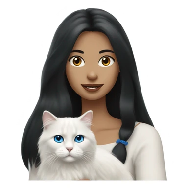 woman with long black hair and holding a all white Siberian cat with blue eyes sticker