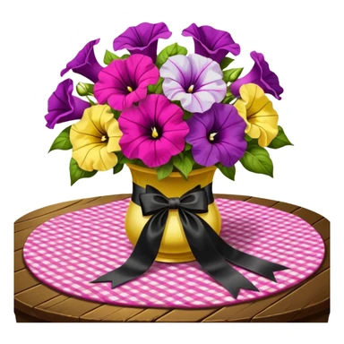A lush bouquet of bright light margenta color petunia black satin ribbon, resting on an antique wooden table, with a pale yellow and pink plaid pattern table cloth sticker