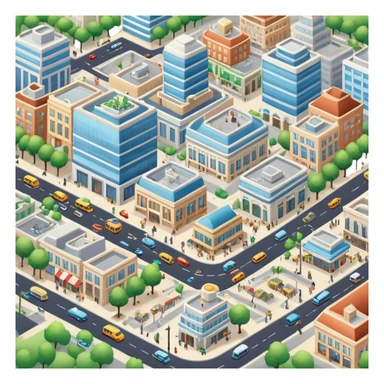 A large, bustling area with buildings, streets, and various structures, where people live and work, often featuring shops, parks, and transportation systems sticker