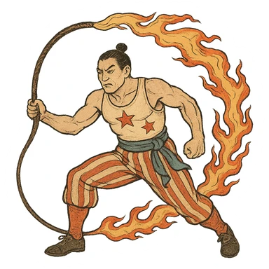 ukiyo-e style vintage circus performer with a fire whip, no background sticker