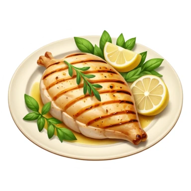 Draw a grilled chicken breast on a plate with herbs & lemon slices. sticker