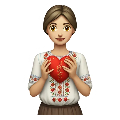 A Ukrainian woman in an embroidered shirt holds a heart in her hands sticker