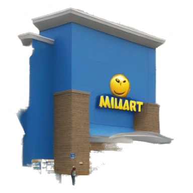 “Exterior of a Walmart store with the sunburst logo above the entrance, blue facade with yellow accents, large sliding glass doors, and shopping carts lined up outside, capturing the look of a busy retail supercenter.” sticker