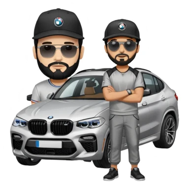 A man with black hair and beard standing next to his silver grey BMW X4 M competition with sunglasses and a black baseball cap on sticker