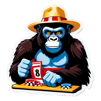 Gorilla playing slot machines with a straw hat sticker
