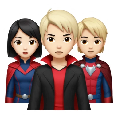 Solo poly platonic relationship, one is south African girl, one is Asian boy, one is biracial features Asian tomboy girl with anime short hair with long hair, vampire and marvel cosplay elements inspired. Could we can less human skin seems so it does not seem racist or something, use marvel colours  sticker