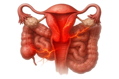 utero umano anatomico iperrealistico e intestino umano anatomico iperrealistico hanno in comune il dolore e l'infiammazione, rendi bene il collegamento tra i due organi doloranti sticker