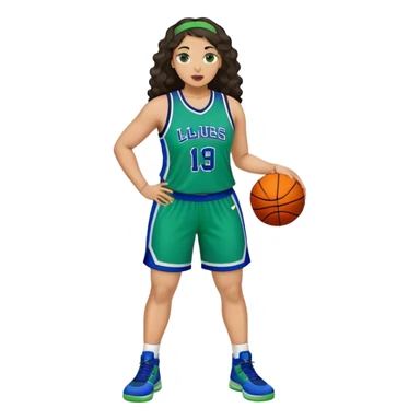 full body plus size light skin latino women basketball player with wavy dark hair large wide nose wearing blue with green uniform sticker